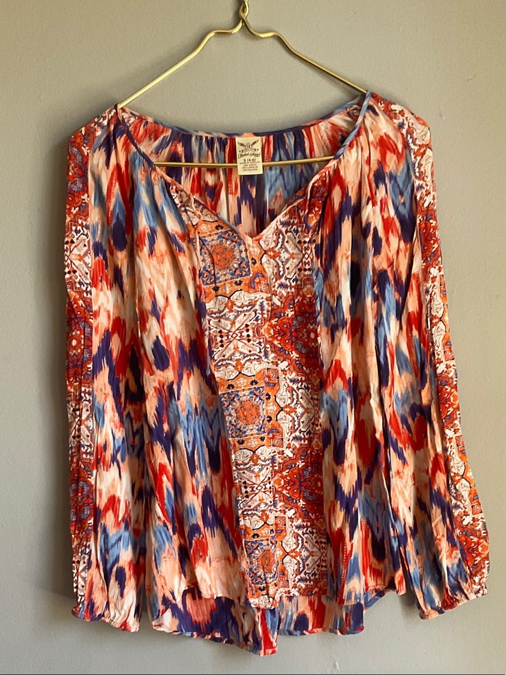 Faded Glory Multicolor Ikat & Medallion Print Blouse in Red, Blue & Cream